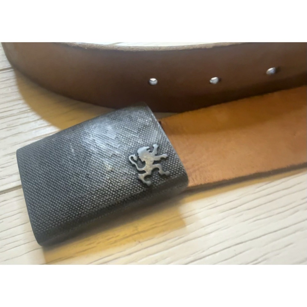 Peugeot lion emblem Belt Buckle W/‎ Brown Genuine Leather Belt Mens Sz L 36-40
